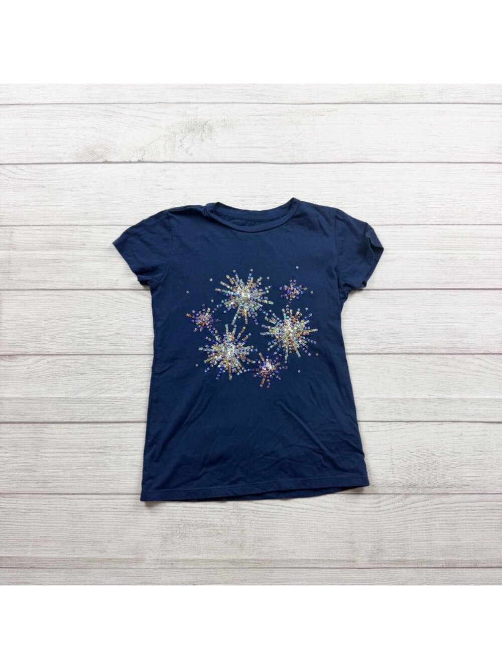 Crewcuts Girls Navy Blue Firework Sequin Graphic Tee Cotton Short Sleeve M 8-9